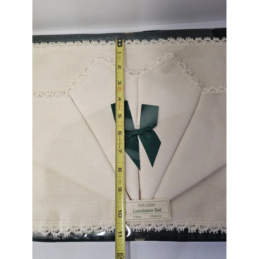 Irish‎ Linen Luncheon Set 4 Mats 4 Napkins Lace Trim Green Bow NOS 15x11in ECRU